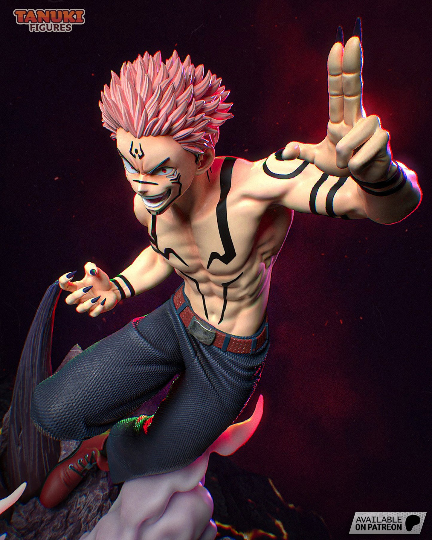 Sukuna figure with spiked hair, black markings across his body, and outstretched clawed hands in a battle-ready pose.