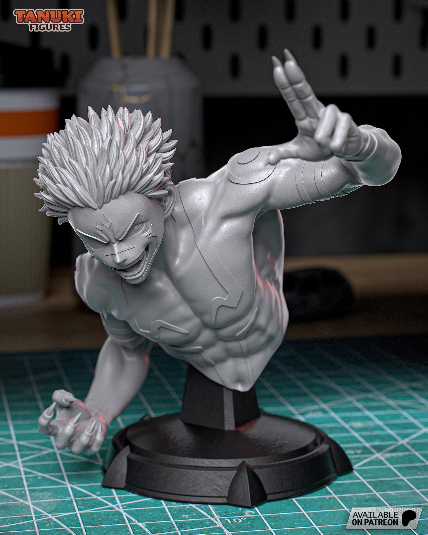 Sukuna figure with spiked hair, black markings across his body, and outstretched clawed hands in a battle-ready pose.