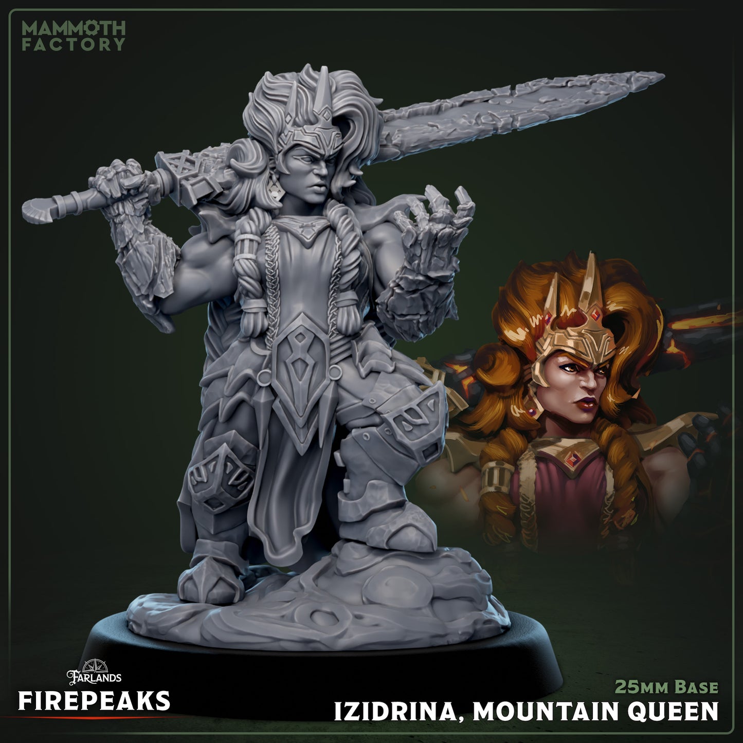 Izidrina, Mountain Queen miniature depicting a powerful female fire dwarf wielding a massive greatsword over her shoulder, wearing ornate dwarven plate armor and a regal crown, standing atop a molten rock base – fire dwarf queen miniature for Dungeons & Dragons, Pathfinder, or Warhammer.