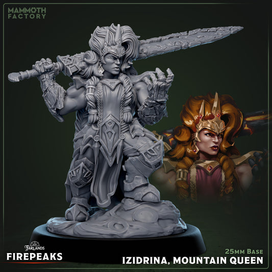 Izidrina, Mountain Queen miniature depicting a powerful female fire dwarf wielding a massive greatsword over her shoulder, wearing ornate dwarven plate armor and a regal crown, standing atop a molten rock base – fire dwarf queen miniature for Dungeons & Dragons, Pathfinder, or Warhammer.