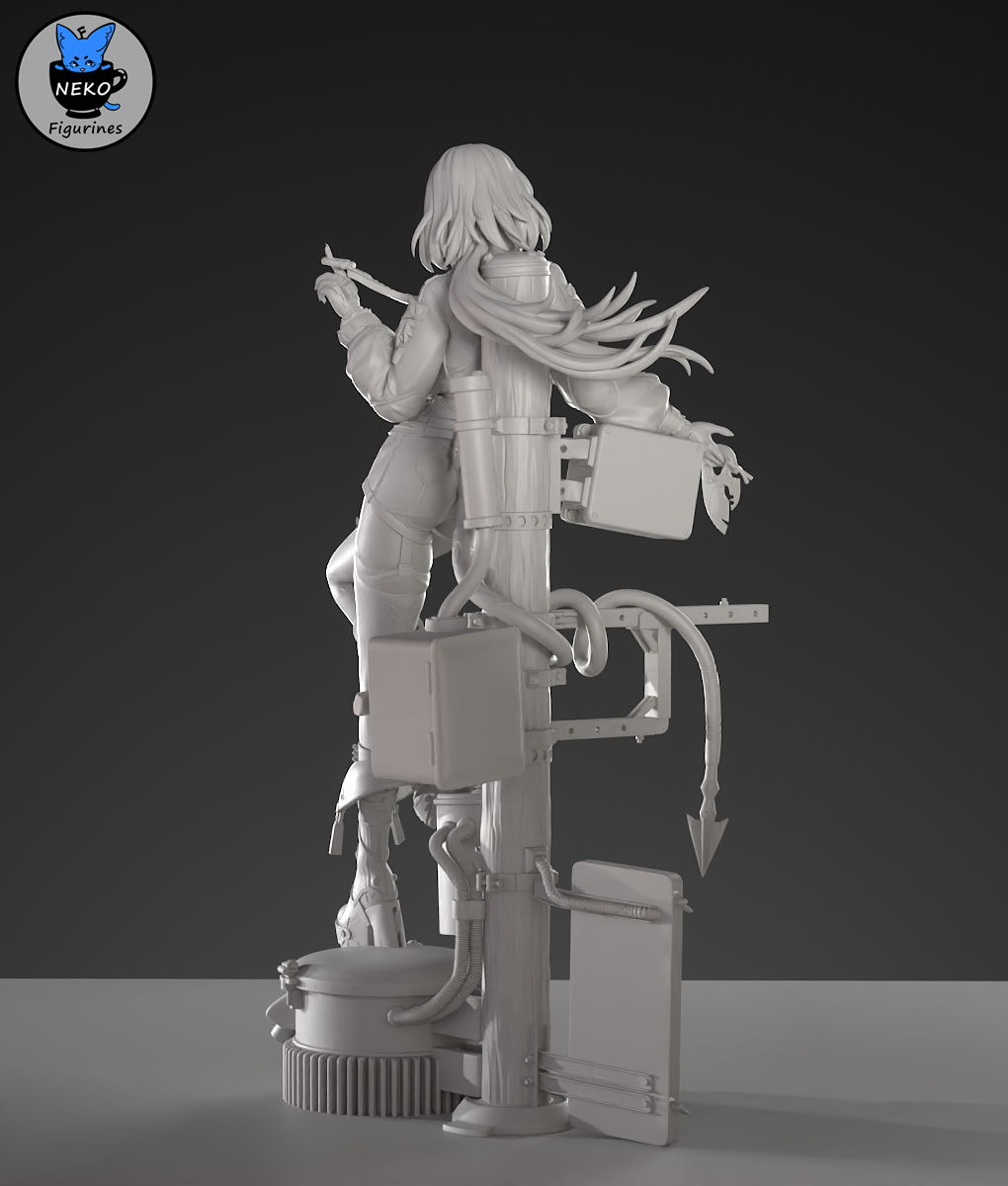 Rear view of Jane Doe figure showing long flowing coat, whip movement, and layered hair sculpt, Zenless Zone Zero