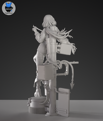 Rear view of Jane Doe figure showing long flowing coat, whip movement, and layered hair sculpt, Zenless Zone Zero