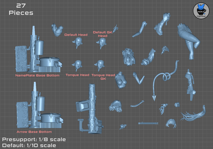 Jane Doe figure pieces laid out with whip, scissors, arms, and base components, Zenless Zone Zero collectible