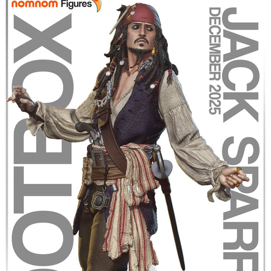 Jack Sparrow Pirates of the Caribbean 1:10 scale collectible figure fully assembled with detailed pirate attire, flowing sash, dreadlocks, sword, and ocean-themed base