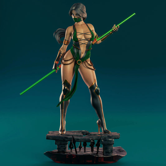 Front view of Jade 1:4 scale collectible figure from Mortal Kombat, posed with a green bo staff, wearing a revealing green and gold assassin outfit and mask on a themed base with spikes.