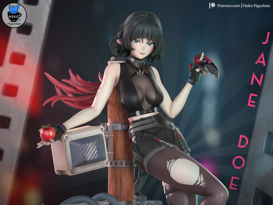 Close-up of Jane Doe’s smirking face, scissors held up and dynamic pose emphasizing attitude, 1:8 scale model