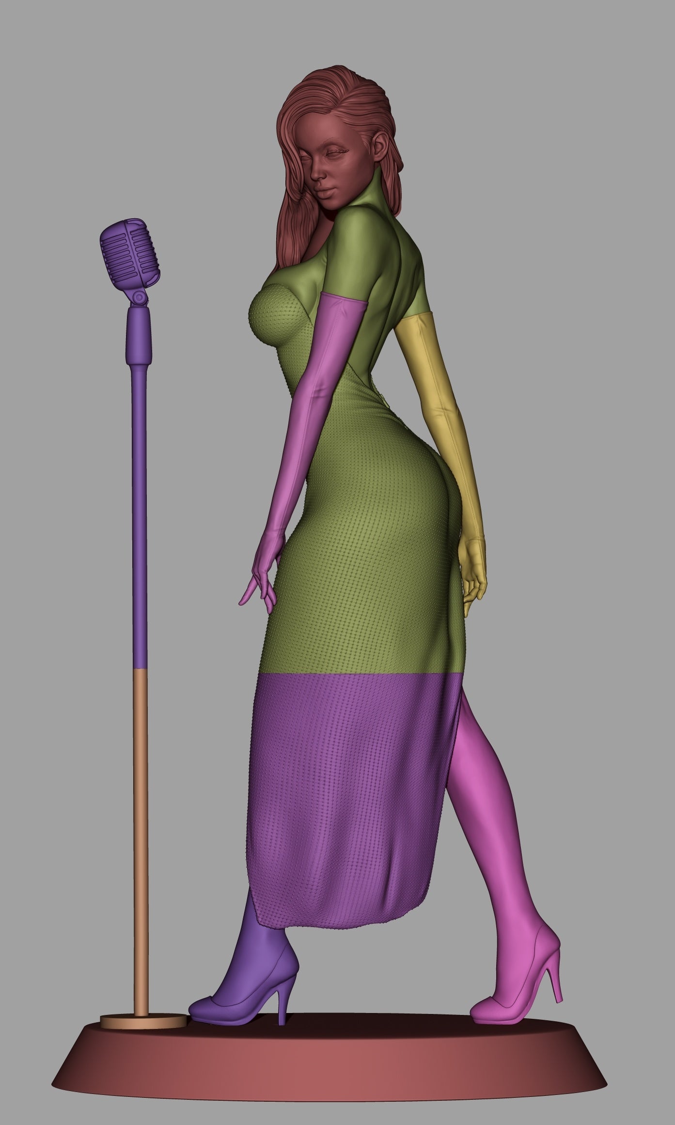 ZBrush render showing multicolored segmentation of the Jessica Rabbit model for production detailing.