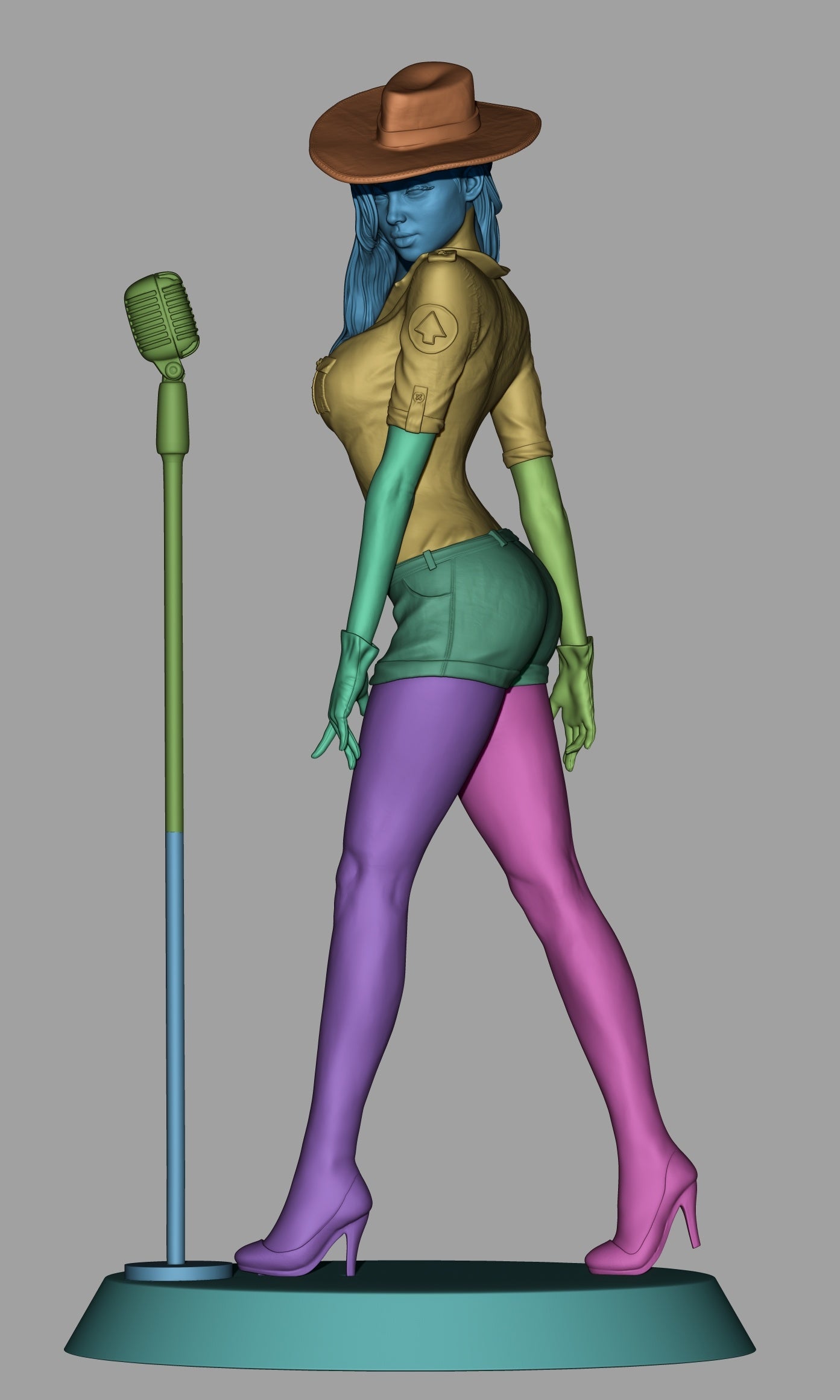 Alternate stylized Jessica model in a cowgirl hat and shorts outfit with segmented colors for parts.