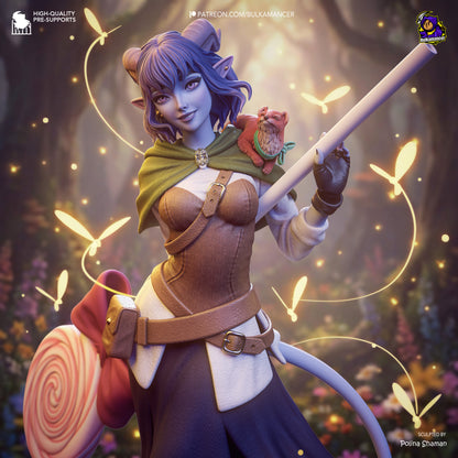 Jester Mighty Nein 1:8 scale collectible statue featuring tiefling cleric holding candy mace, shoulder companion, flowing cloak, tail, and fantasy base