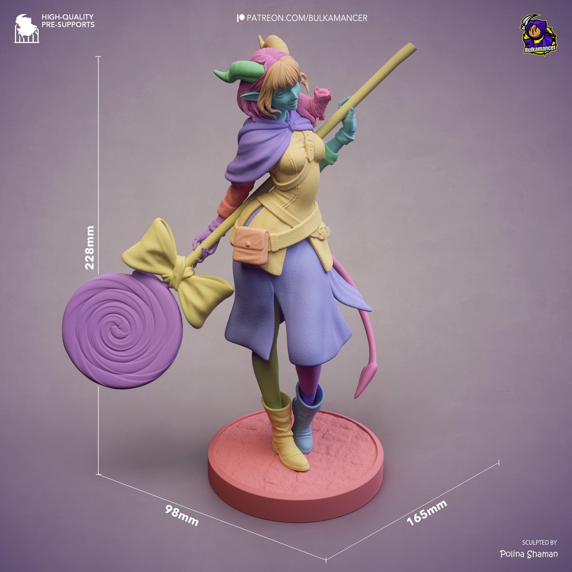 Jester Mighty Nein collectible figure with dimension reference showing height, base diameter, and overall footprint for display planning