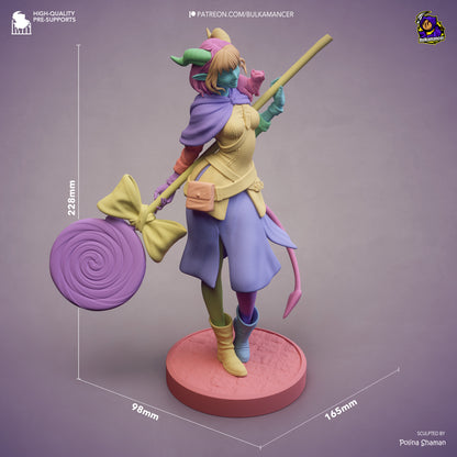 Jester Mighty Nein collectible figure with dimension reference showing height, base diameter, and overall footprint for display planning