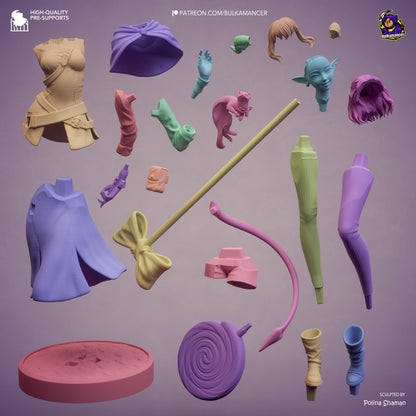 Jester Mighty Nein collectible statue exploded view showing head options, arms, cloak, tail, candy mace, base, and modular assembly components