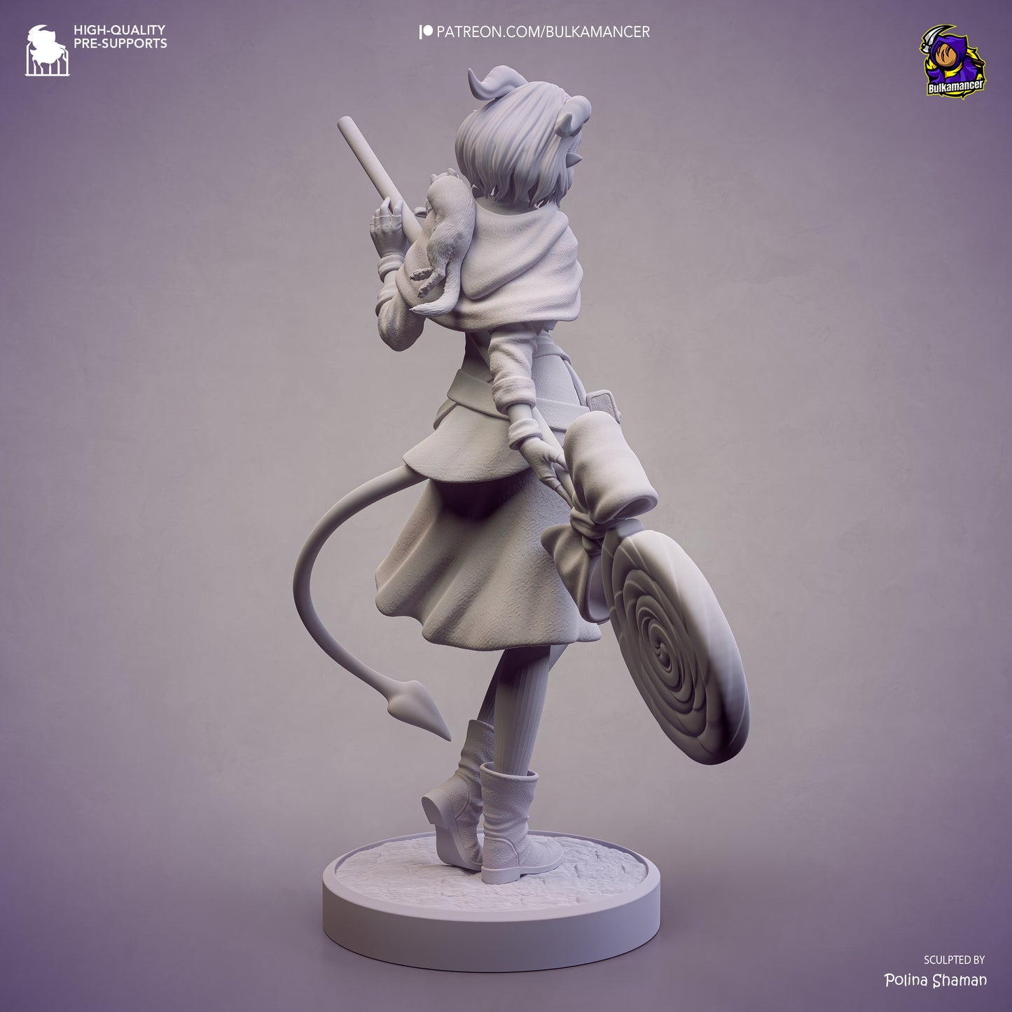 Jester Mighty Nein unpainted collectible figure showing rear cloak flow, tail movement, footwear detail, and base texture