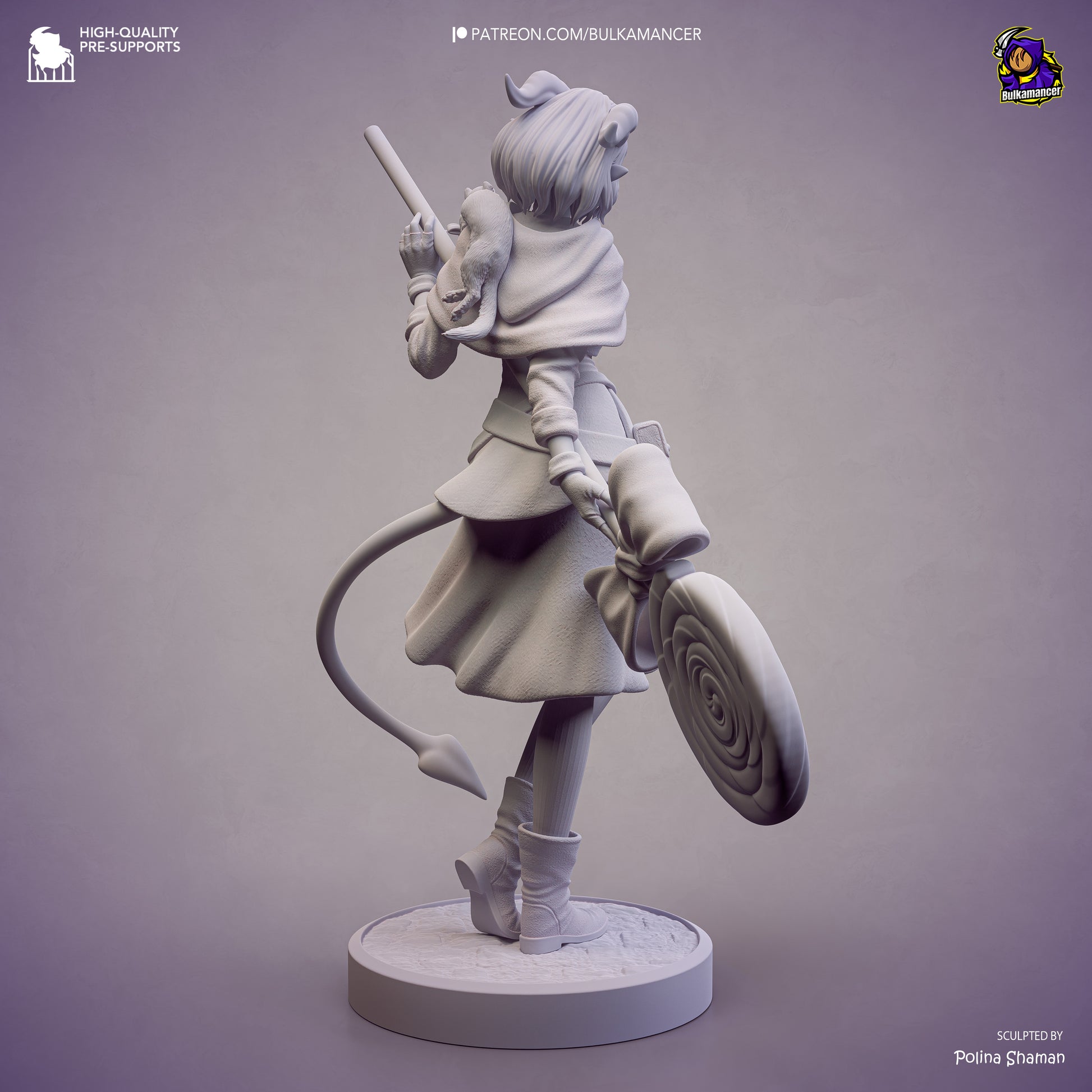 Jester Mighty Nein unpainted collectible figure showing rear cloak flow, tail movement, footwear detail, and base texture