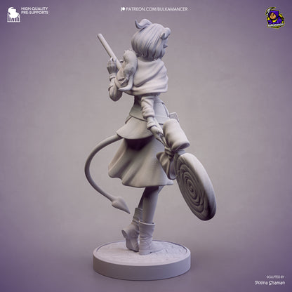 Jester Mighty Nein unpainted collectible figure showing rear cloak flow, tail movement, footwear detail, and base texture