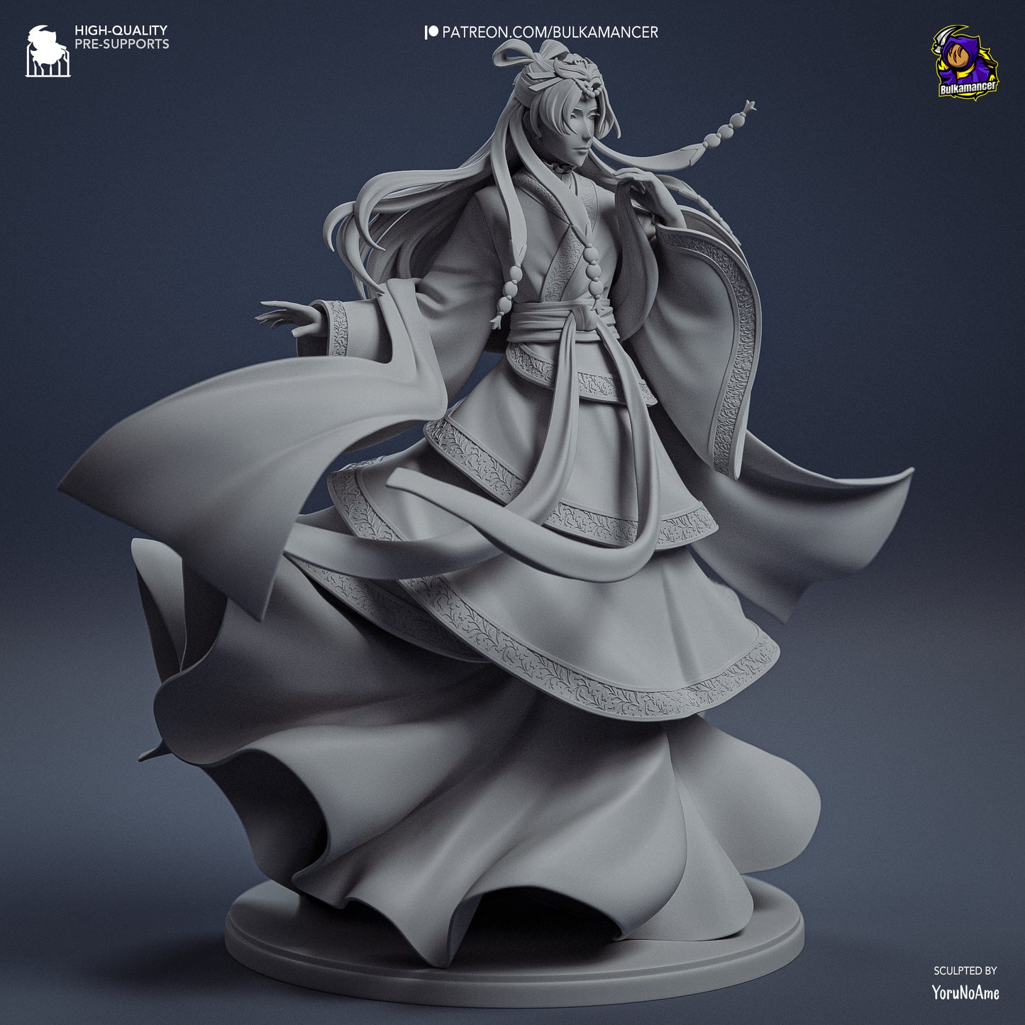 Front view of Jinshi the Moon Fairy in flowing layered hanfu robes, long hair tied back, standing in a swirling pose.