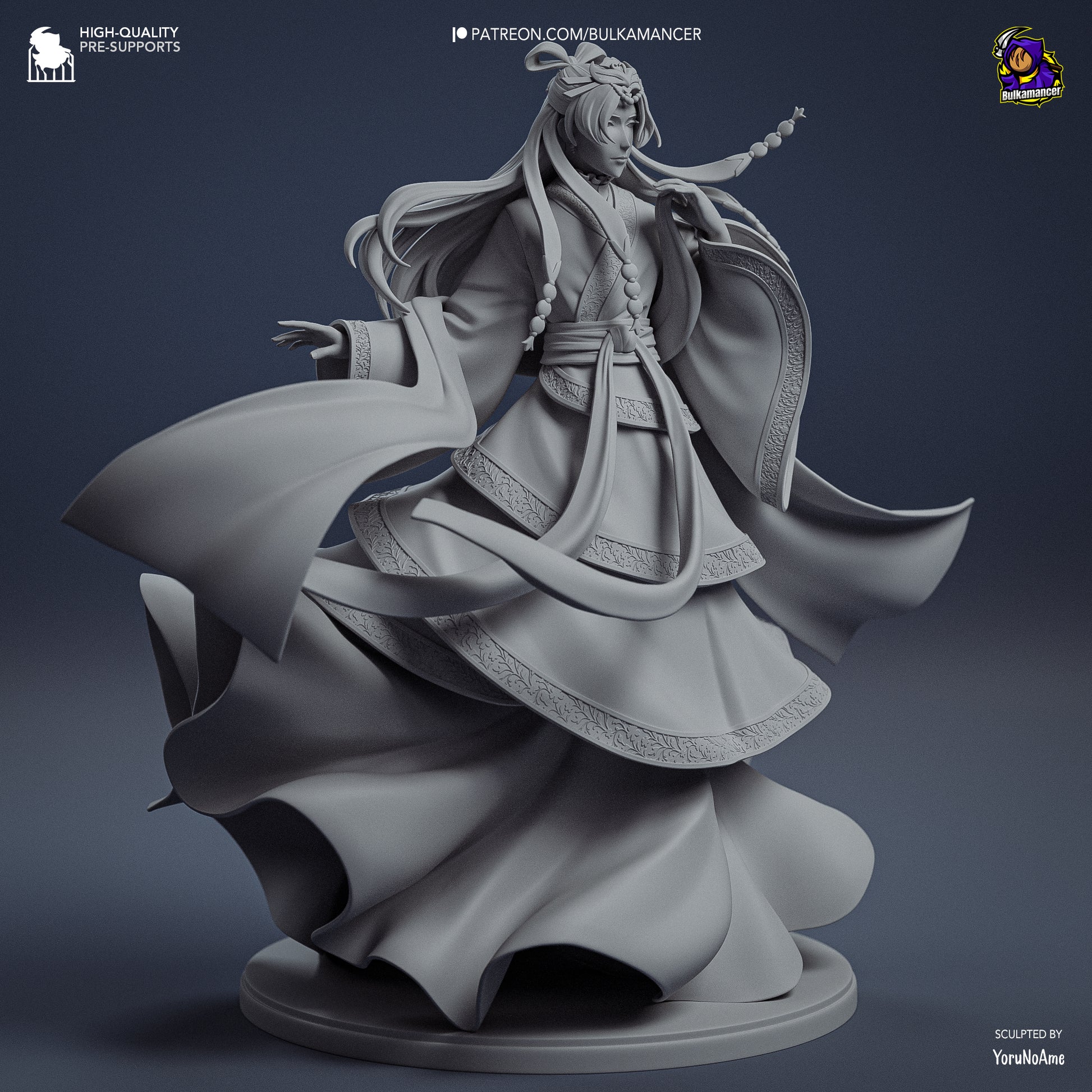 Front view of Jinshi the Moon Fairy in flowing layered hanfu robes, long hair tied back, standing in a swirling pose.