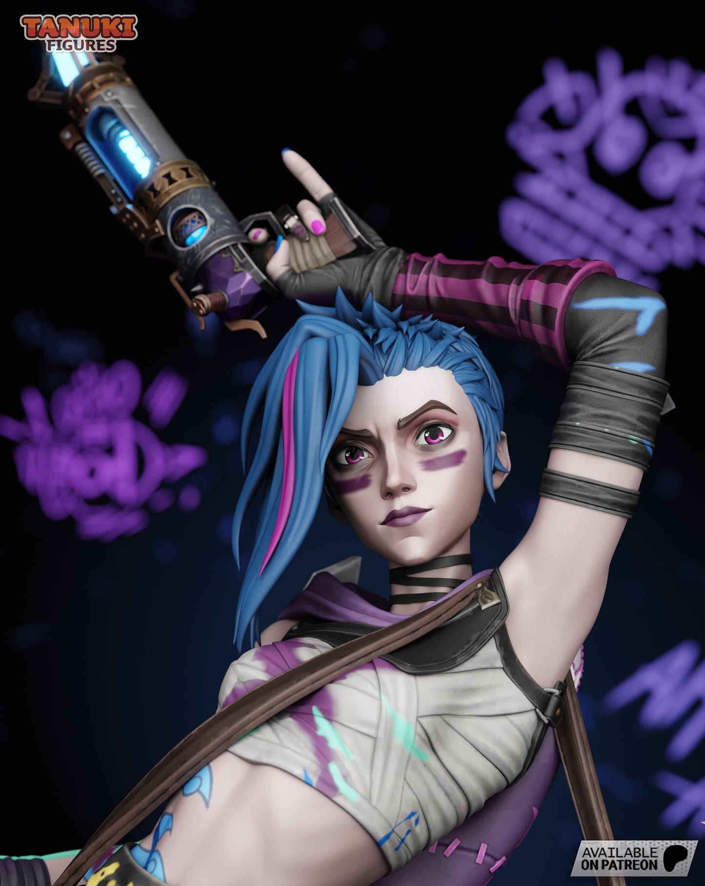 Close-up of Jinx’s smirking face with pink eye shadow and electric blue hair, holding her glowing gun aloft.