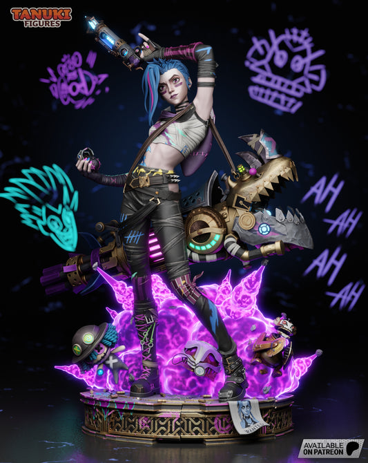 Full body view of Jinx from League of Legends, posed dynamically with her minigun on her back and a vibrant explosion at her feet.