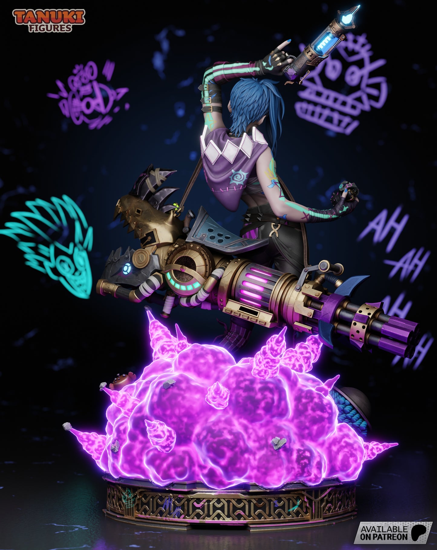 Close-up of Jinx’s smirking face with pink eye shadow and electric blue hair, holding her glowing gun aloft.