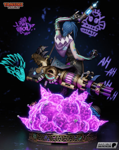 Close-up of Jinx’s smirking face with pink eye shadow and electric blue hair, holding her glowing gun aloft.