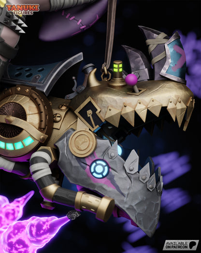 Detailed view of Jinx’s shark-themed minigun with gears, lights, and painted graffiti details.