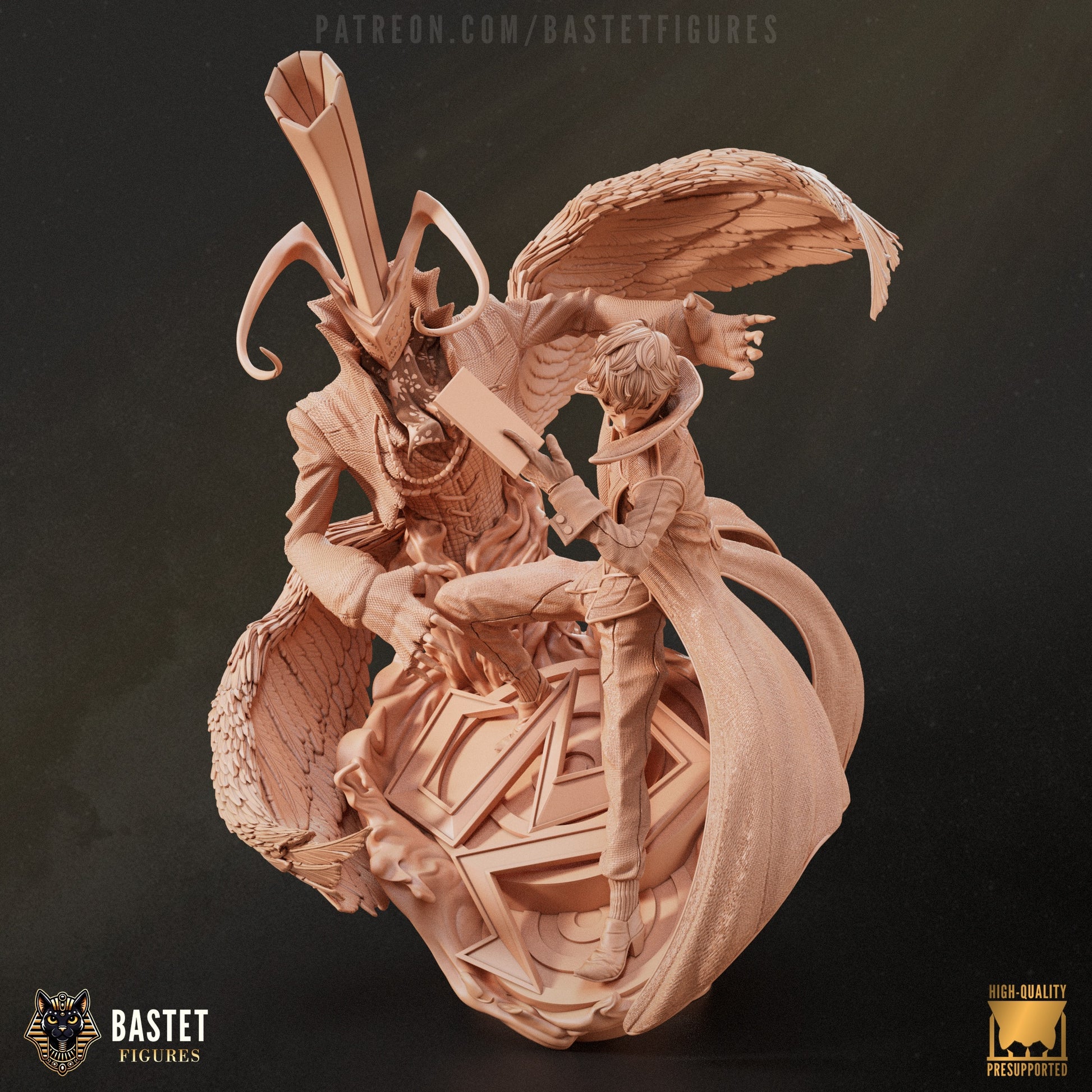 Clay-style render of Joker and Arsène combined display statue with flowing cape, wings, and stylish dynamic base.