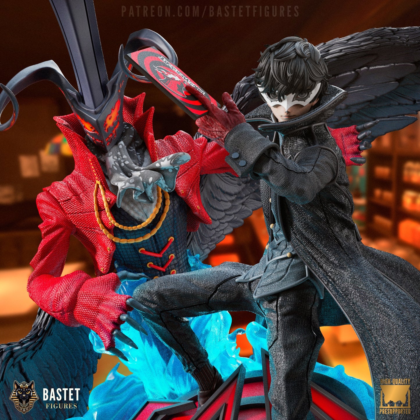 Colored promo graphic of Joker and Arsène from Persona 5, posed dynamically with detailed clothing textures, wings, and flame effects on a custom base.
