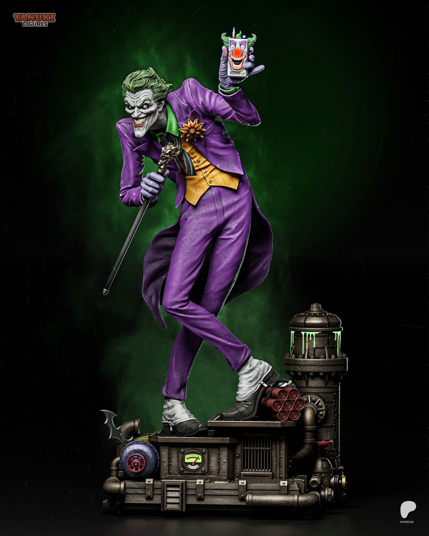 Full figure Joker statue in purple suit holding cane and detonator on detailed Gotham base - DC Comics Batman collectible
