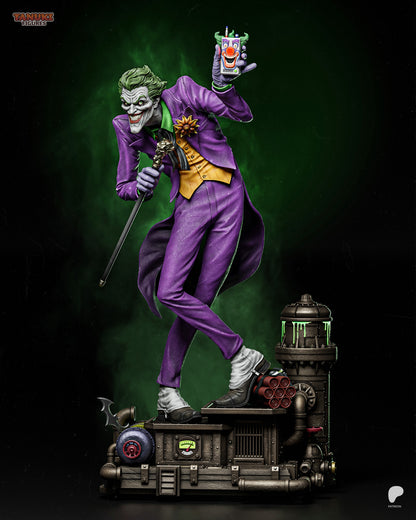 Full figure Joker statue in purple suit holding cane and detonator on detailed Gotham base - DC Comics Batman collectible