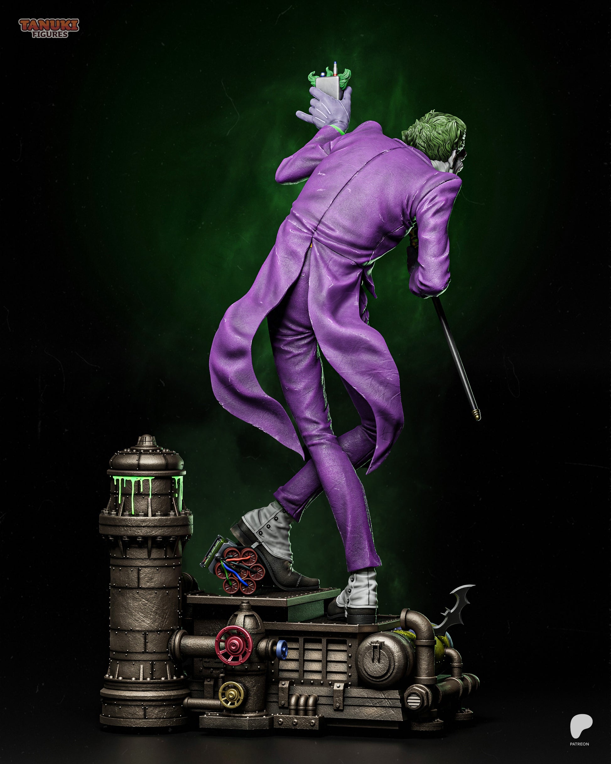 Back view of Joker statue with purple suit and detonator base - DC Comics villain figure