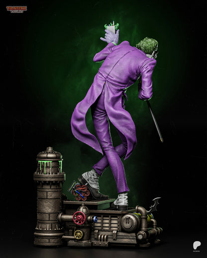 Back view of Joker statue with purple suit and detonator base - DC Comics villain figure