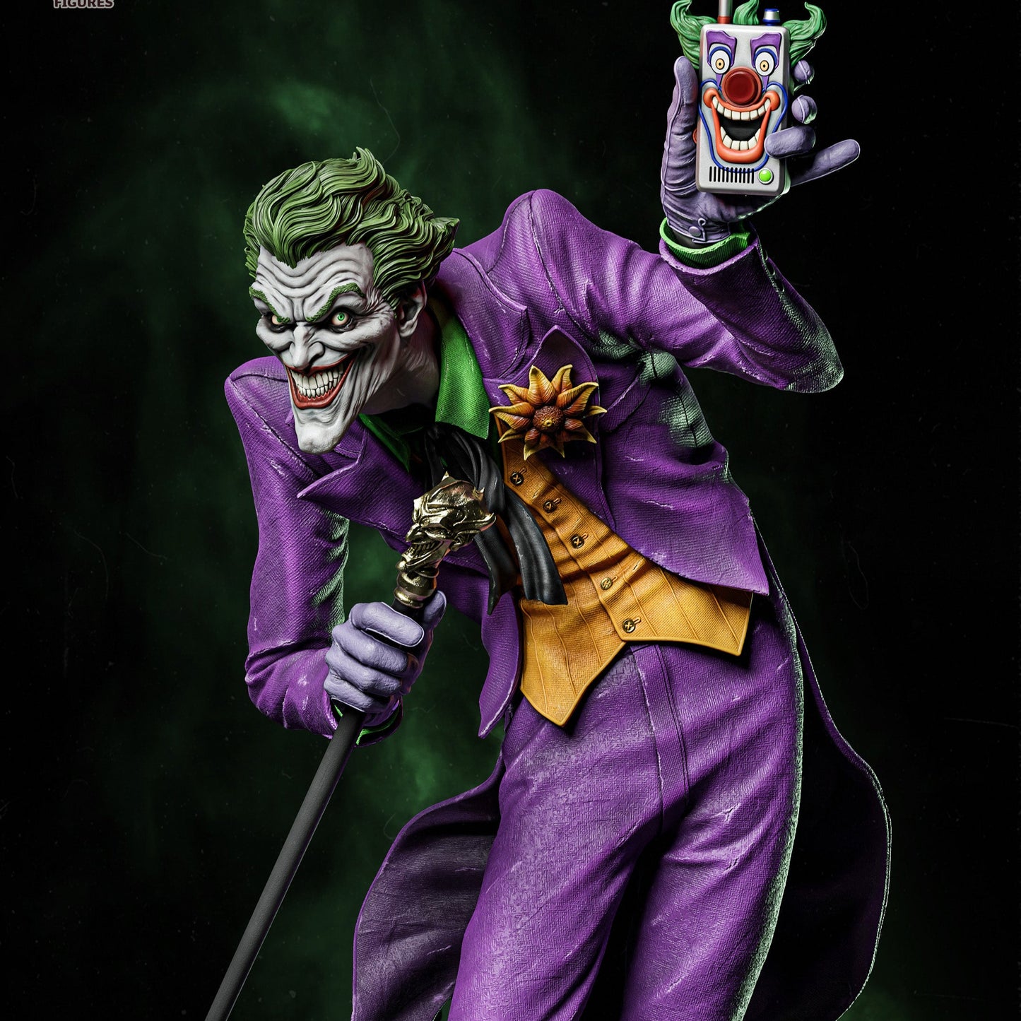 Close-up of Joker statue face and detonator with clown design - Batman villain collectible bust