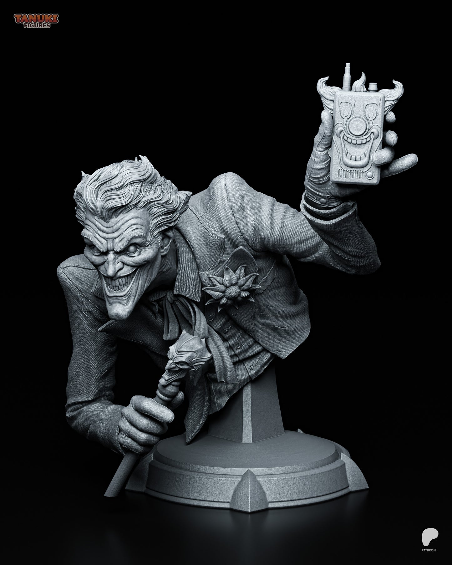 Joker bust collectible holding detonator with sinister grin - DC Comics Batman villain