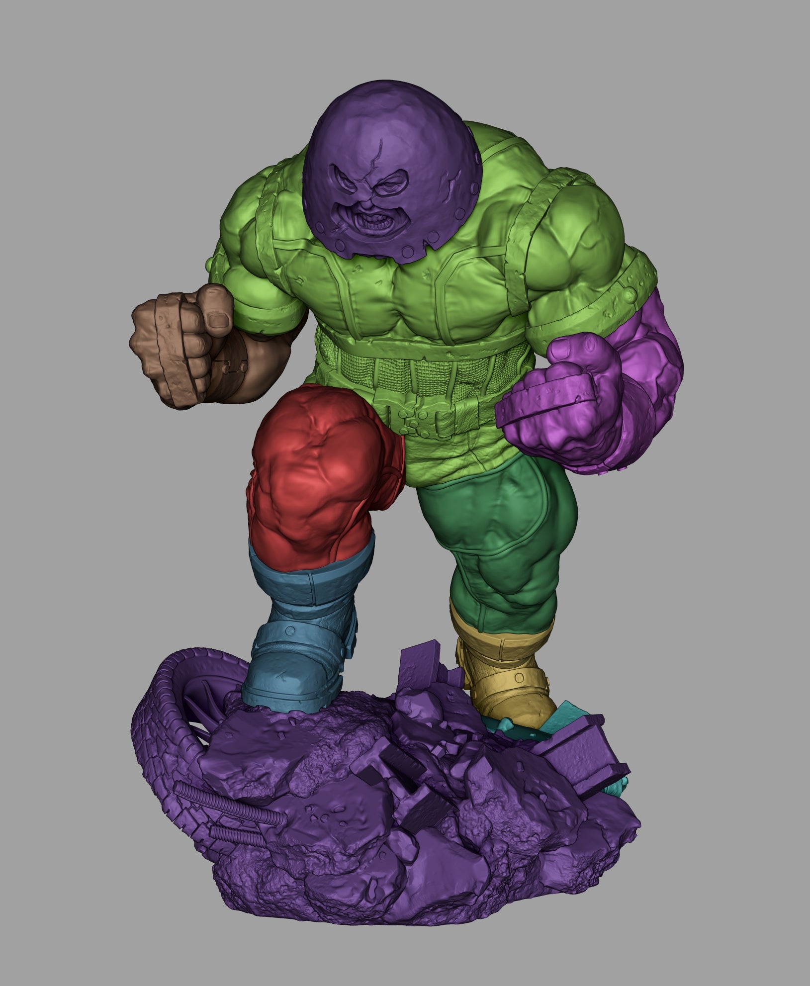 Top-down ZBrush view of Juggernaut sculpt segmented into polygroups, highlighting parts of body, debris base, and accessories.