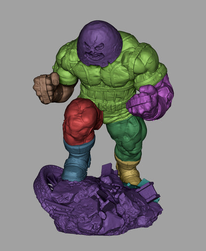 Top-down ZBrush view of Juggernaut sculpt segmented into polygroups, highlighting parts of body, debris base, and accessories.