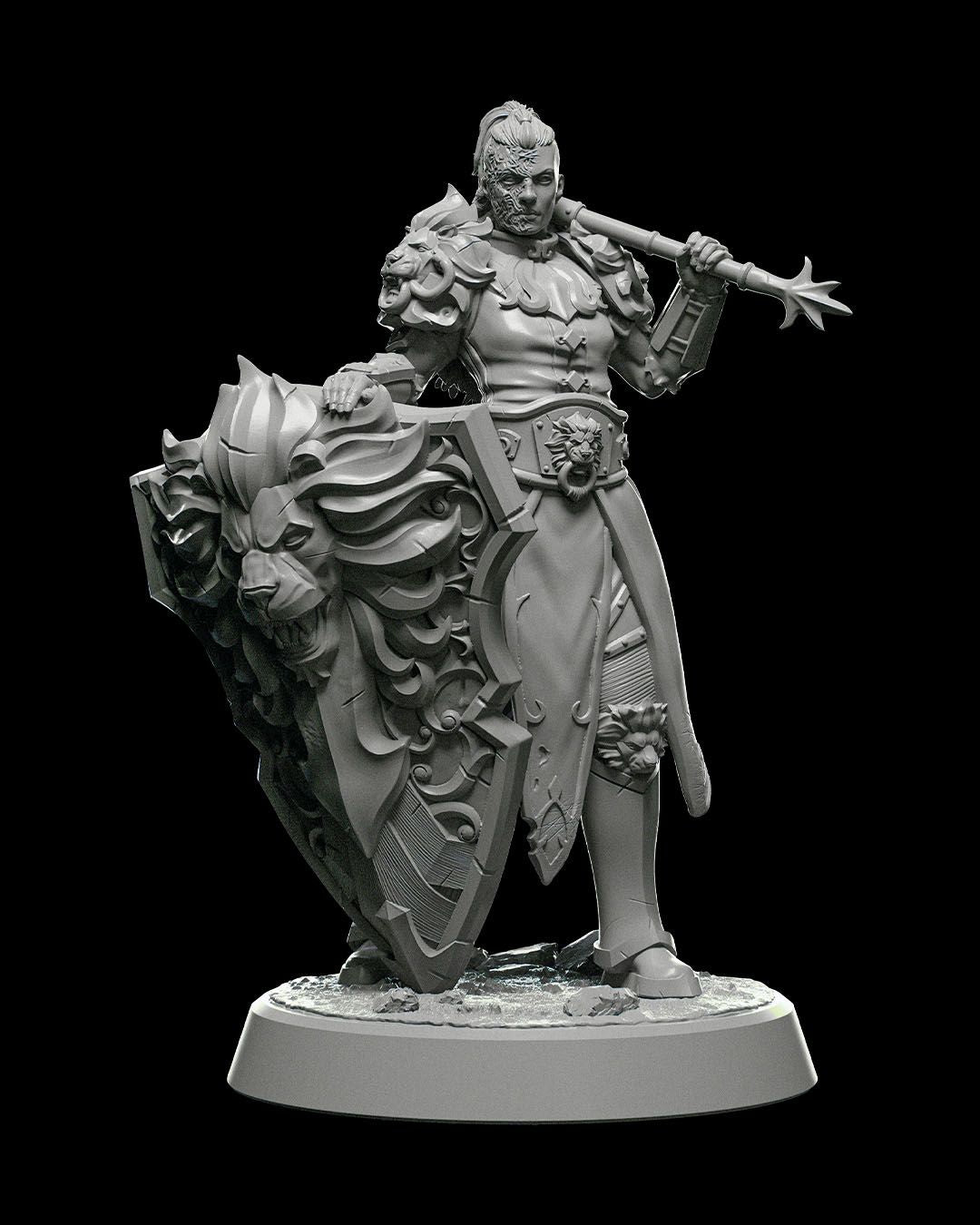 A female warrior miniature standing with a lion-themed shield in one hand and a mace resting on her shoulder. Her armor is adorned with lion motifs, and her scarred face shows battle-hardened determination. She stands on a textured base, ready for battle.