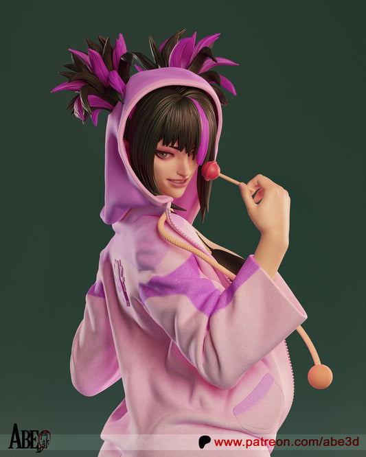 Juri Han pajama hoodie close up, lollipop accessory, expressive facial sculpt, stylized anime character statue detail