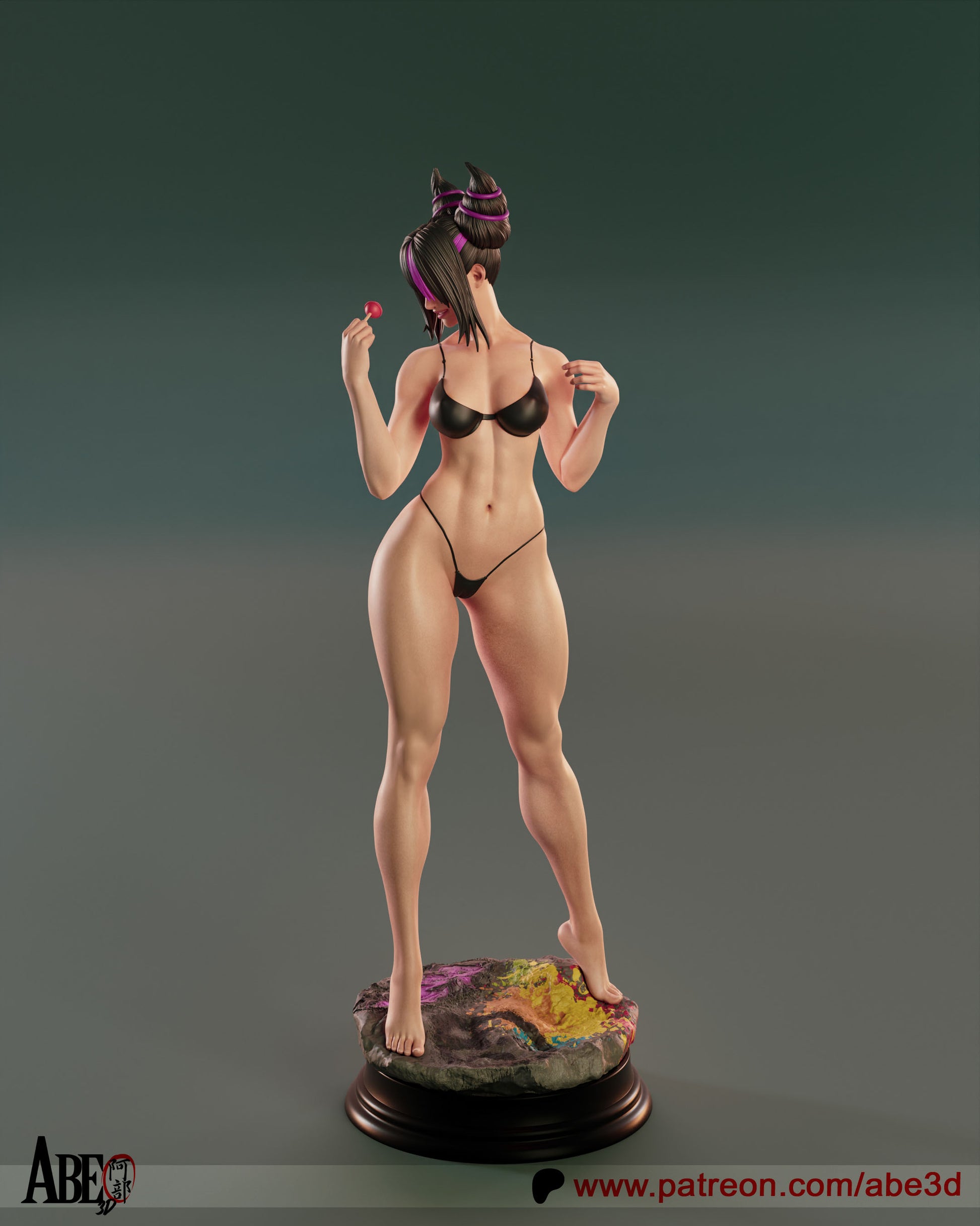 Juri Han bikini figure front view SFW, relaxed pose with open hoodie, Street Fighter female character collectible