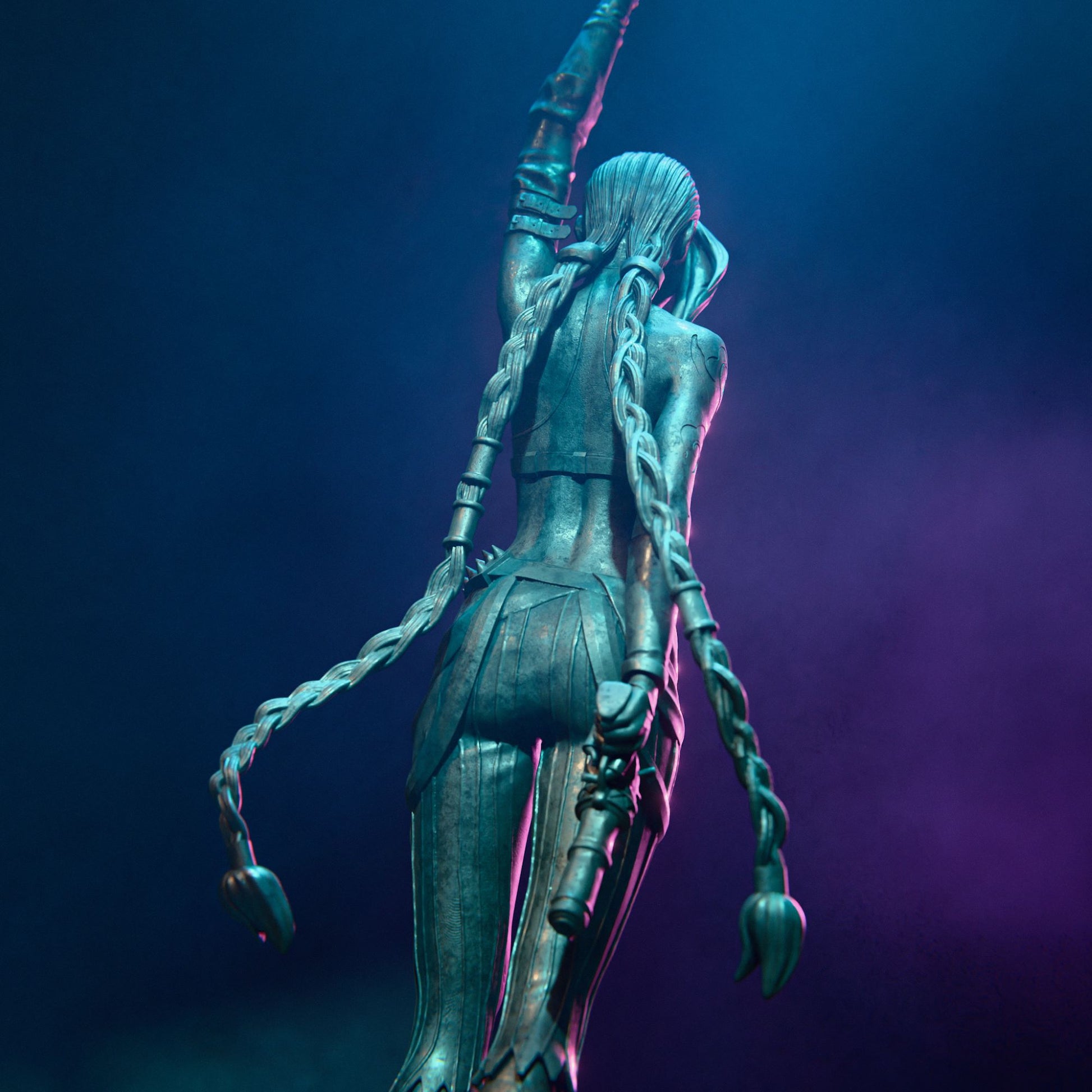 Back view of Jinx with a straight posture firing a pistol into the air.