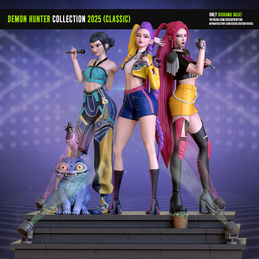 Group diorama colored view of three K-Pop Demon Hunters on a tiered stage with microphones, original outfits, long twin-pony hair on the right figure, shorts and jacket center, patterned pants left, plus mascot cat with bird and stage spotlights.
