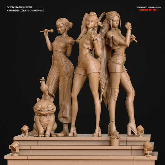 Unpainted sculpt group front view of three K-Pop Demon Hunter figures on the stepped stage, microphones raised, detailed clothing and boots, mascot cat with bird, and small potted plant and spotlights on the base.
