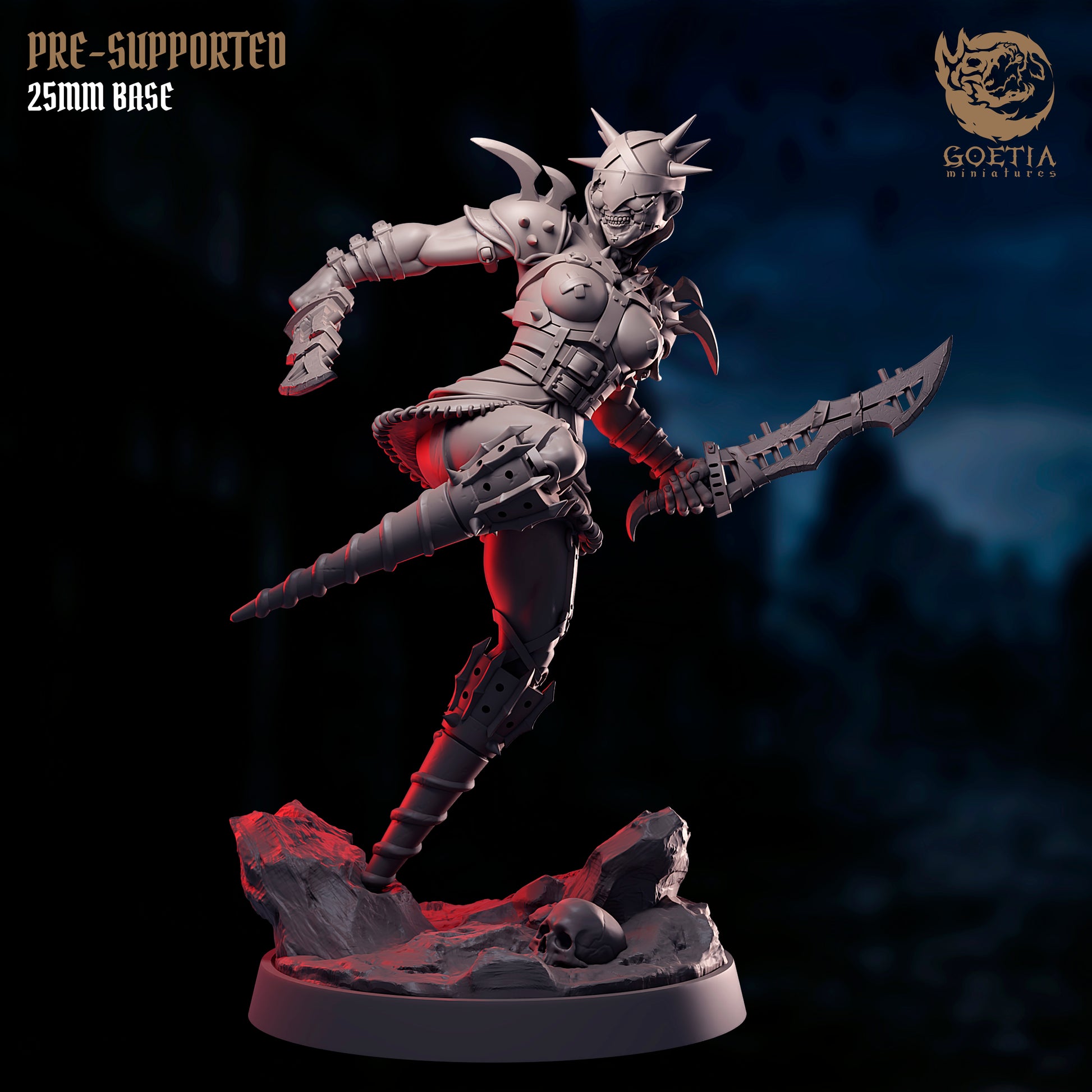 Kadal Militia melee miniature in aggressive stance, self-mutilated human warrior with blade-replaced lower legs, spiked armor plates, ritual body modification, fanatical cult enforcer enemy for dark fantasy tabletop encounters