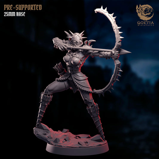 Kadal Militia archer miniature in firing stance, self-mutilated human fanatic wearing spiked armor and helm, drawing barbed bow, ritual scars and weaponized augmentations, grimdark cult soldier enemy miniature for fantasy skirmish games