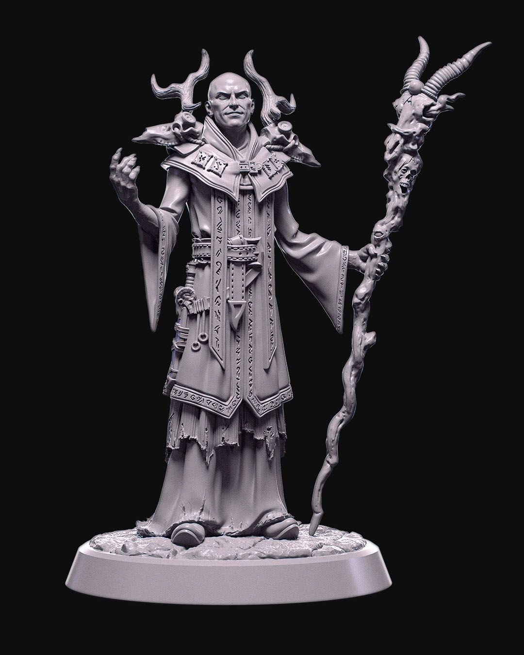 Miniature of Kalal, Highpriest of Arzan, a male character in ornate robes with dark runes, holding a staff adorned with skulls and horns, suitable for TTRPG games like Pathfinder or D&D.