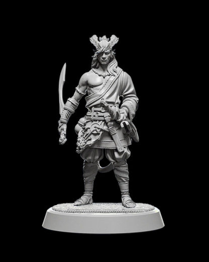 A male Tiefling fighter miniature standing with a strong stance. He wears detailed layered armor and wields a curved sword in one hand while gripping another weapon at his side. His head features large, prominent horns, and his expression conveys a readiness for battle.