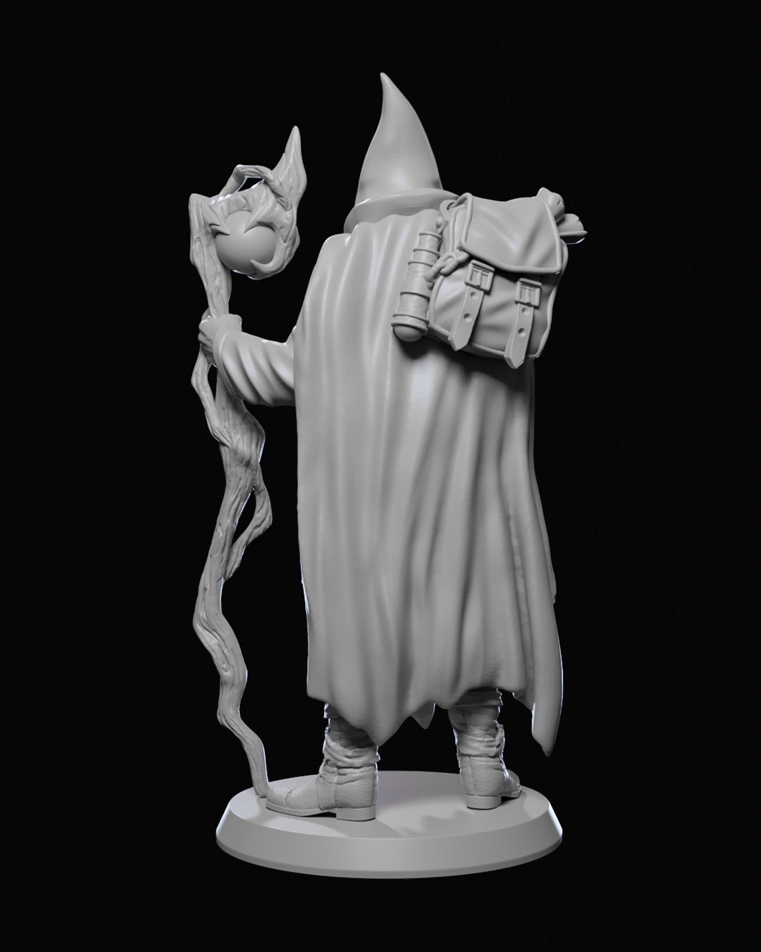 Rear view of Karadin Genly miniature, showcasing his detailed backpack and flowing robes.