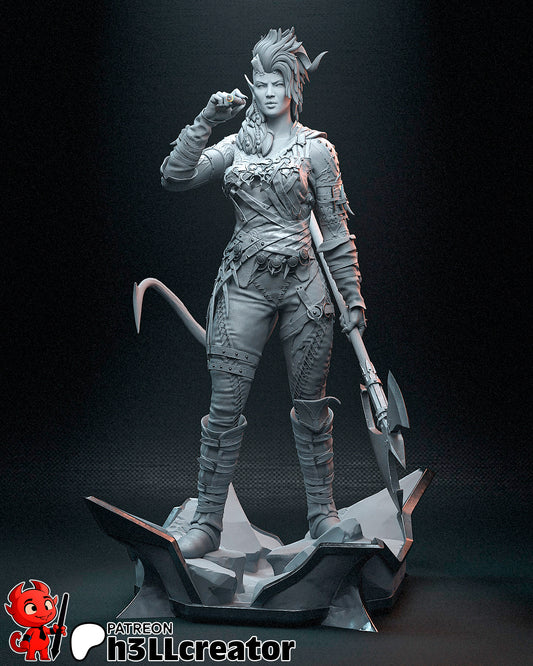 Tiefling female warrior in studded leather armor holding a double-headed axe, posed with one fist raised, standing atop a fractured molten base.