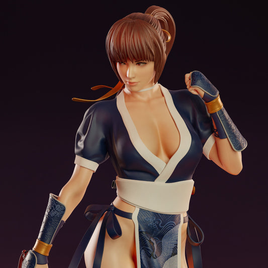 Kasumi Dead or Alive 1:4 scale figure close-up showing detailed face, flowing ponytail, and embroidered kunoichi outfit.