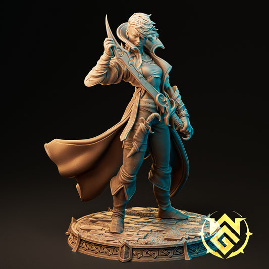 Black Lotus Katerina full-body miniature, rogue warrior with dual blades, long coat, and confident stance on a detailed stone base, fantasy RPG figure for Pathfinder and DnD.